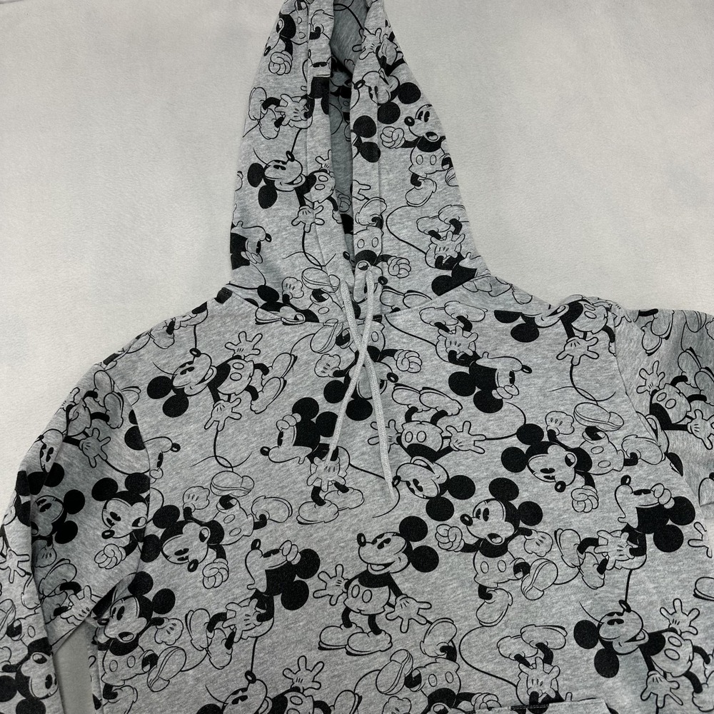 Disney Mickey Mouse Hoodie Men's Medium Gray All Over Print Pullover H&M Cotton